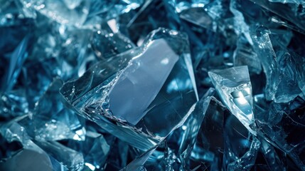  a close up view of a bunch of glass shards that are blue and clear and have a small rectangular piece of glass in the middle of the middle of the image.
