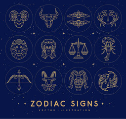 Set of astrology zodiac signs on outer space background.  Set of Zodiac icons. Vector illustration