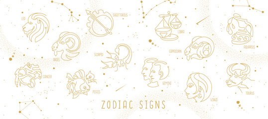 Modern magic witchcraft astrology background with zodiac constellations in the sky. Vector illustration