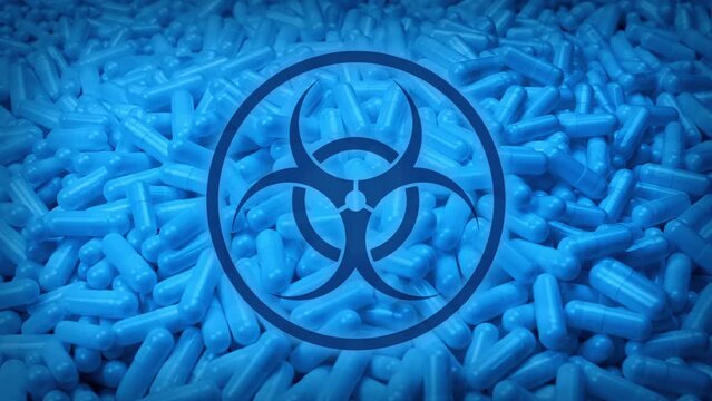 Drug Capsules Poured Out With Warning Graphic
