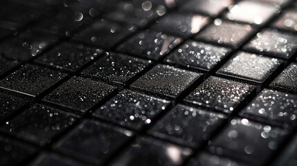  a black and white photo of raindrops on a glass mosaic tile wall with a black and white background. - obrazy, fototapety, plakaty