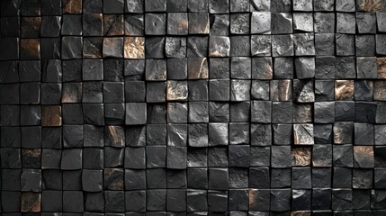  a close up of a wall made up of black and gold squares and squares of different sizes, shapes, and sizes.