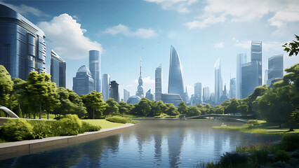 Shanghai skyline with skyscrapers and green trees in the park