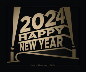 Happy new year 2024 greetings in 20th century fox style. Black. Volumetric letters, building and spotlights.  Vector illustration. 