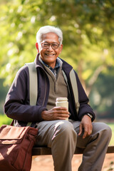 Fototapeta premium senior man drinking tea or coffee at garden