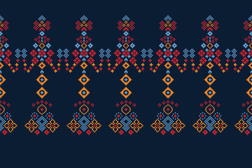Ethnic geometric fabric pattern Cross Stitch.Ikat embroidery Ethnic oriental Pixel pattern navy blue background. Abstract,vector,illustration. Texture,clothing,scarf,decoration,motifs,silk wallpaper.