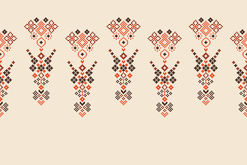 Ethnic geometric fabric pattern Cross Stitch.Ikat embroidery Ethnic oriental Pixel pattern brown cream background. Abstract,vector,illustration. Texture,clothing,frame,motifs,silk wallpaper.