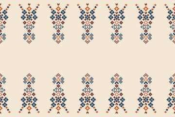 Ethnic geometric fabric pattern Cross Stitch.Ikat embroidery Ethnic oriental Pixel pattern brown cream background. Abstract,vector,illustration. Texture,clothing,frame,motifs,silk wallpaper.