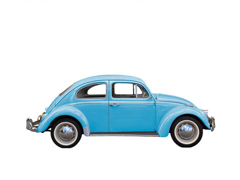 Blue Beetle from the early 1970s. Vintage car cut out. Transparent background. 