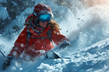 Intense Downhill Rush, A Skier in Vivid Red Tackles a Snow-Covered Slope During a Winter Sunset