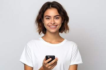 Fototapeta premium Happy woman with white shirt created with Generative AI