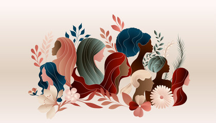 Group silhouette of multicultural women with leaves and flowers. International women’s day. women of different cultures. Banner 