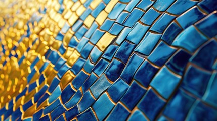  a close up view of a blue and yellow mosaic tile design on the wall of a building in a city.