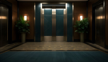 Blank simple metal silver elevator door for branding in elegant hotel lobby