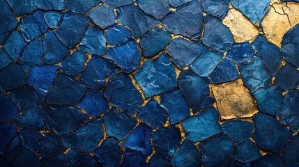  a close up of a blue, yellow and black wall with a pattern of small rocks on top of it.