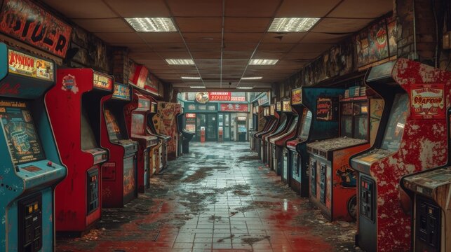vieilles bornes arcades des années 80 à l'abandon dans un entrepôt désaffecté