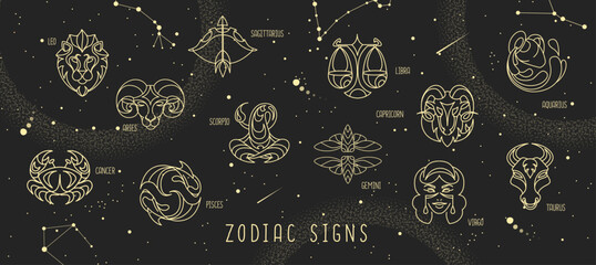Modern magic witchcraft astrology background with zodiac constellations in the night sky. Vector illustration - obrazy, fototapety, plakaty