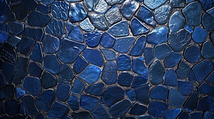  a close up view of a blue glass mosaic tile wall with lots of small pieces of blue glass on top of it.