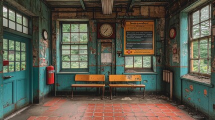 veille intérieur de gare vintage avec vitres et inscriptions - obrazy, fototapety, plakaty