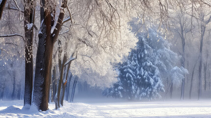 A serene park blanketed in snow and frost under a clear sky.