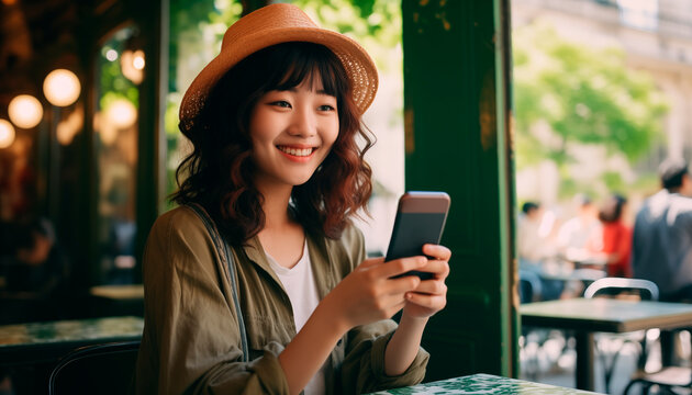 Young Asian woman with a phone in her hands relaxes in a French cafe in the summer