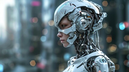 Fototapeta premium Cyborg woman on blurred background. Futuristic girl