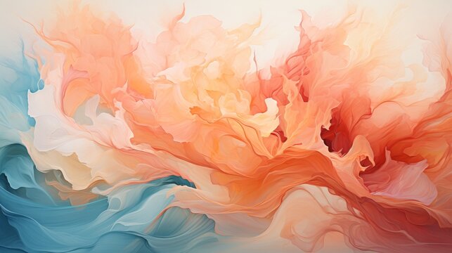 Wallpaper background with texture of acrylic paint strokes in pastel peach and pink, blue colors