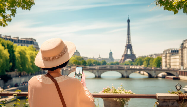 Elderly asian woman taking photo of eiffel tower in paris