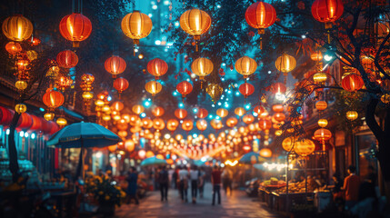 Vibrant lanterns light up a festive street scene at dusk.