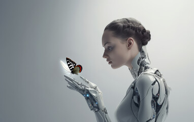 a robot girl on a light background, touching a flying, living, real butterfly with her finger 