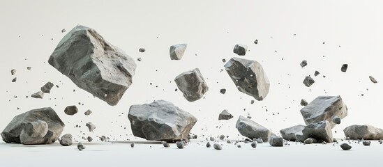  illustrations of stones falling and debris flying, isolated on white.
