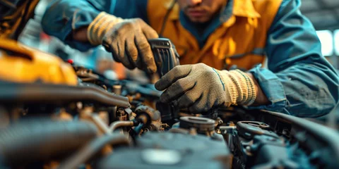 Fotobehang Mechaniker, der am Motor des Autos arbeitet © Fatih