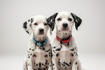 Dos cachorros dálmata sobre fondo blanco  - obrazy, fototapety, plakaty
