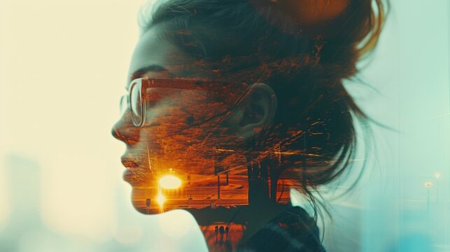  a double exposure of a woman's face with the sun shining through her eyeglasses and her hair blowing in the wind.