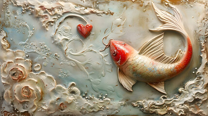 A mesmerizing piece of art featuring a fish suspended on a heart-shaped hook, with its vibrant red scales capturing the beauty and fragility of the animal world