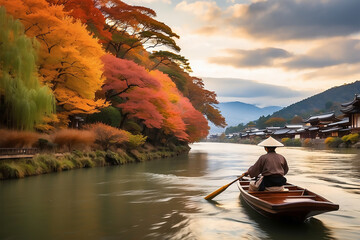 a japanes man rouging a boat in a river