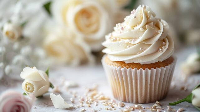  a cupcake with white frosting and sprinkles on a table next to white roses and flowers.