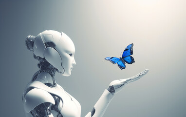 robot girl on a light background, touching a flying butterfly with her finger 