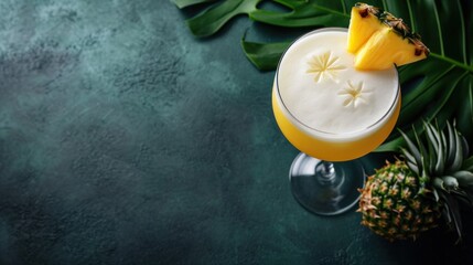  a close up of a drink in a glass with a pineapple on the rim and a pineapple on the rim.