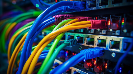 close up shoot of network cables on servers in data center