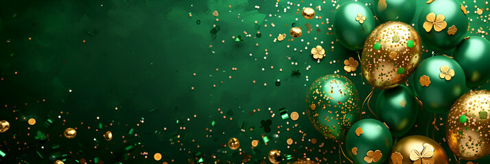 St. Patrick's Day card with Irish colored balloons on a green background, confetti and clover with gold coins, space for text. Banner.