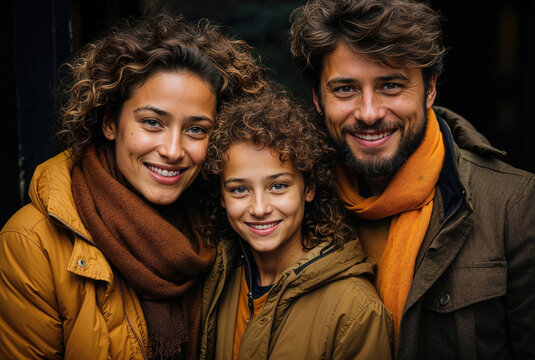 Generative AI image of a happy multiracial family with a young child, all in autumn fashion