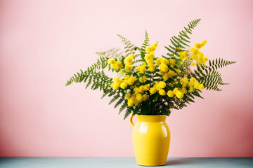 Vibrant mimosa blooms in a pink vase with joyful shadow on a sunny background. Flowers for  Easter, Mother's Day. Minimalist springtime background, copy space