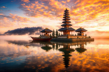 Generative AI image of an ancient pagoda on an island with a reflective lake at sunset