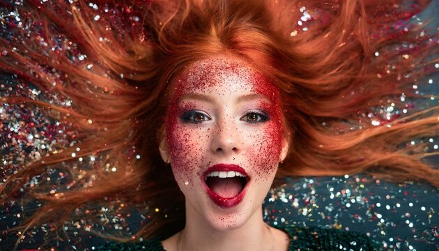 mulher ruiva l&aacute;bios vermelhos deitada, cabelos longos ruivos, glitter. conceito er&oacute;tico