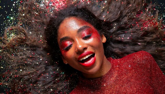 mulher l&aacute;bios vermelhos deitada, cabelos longos, glitter. conceito er&oacute;tico