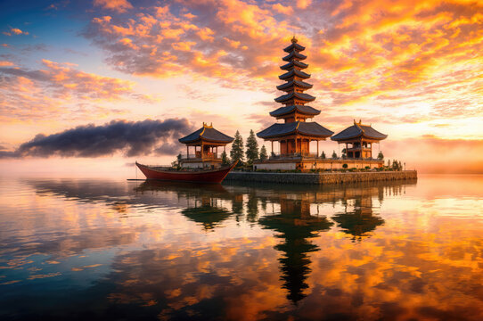 Generative AI image of an ancient pagoda on an island with a reflective lake at sunset