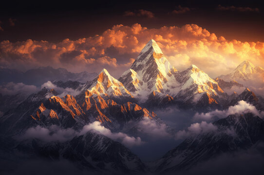 Generative AI image of a dramatic mountain range with fiery sunset clouds above