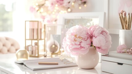  a white desk topped with a vase filled with pink flowers next to a mirror and a pen and pencil holder.