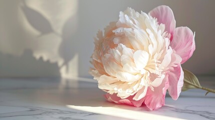  a large white and pink flower sitting on top of a white counter top next to a shadow of a wall.